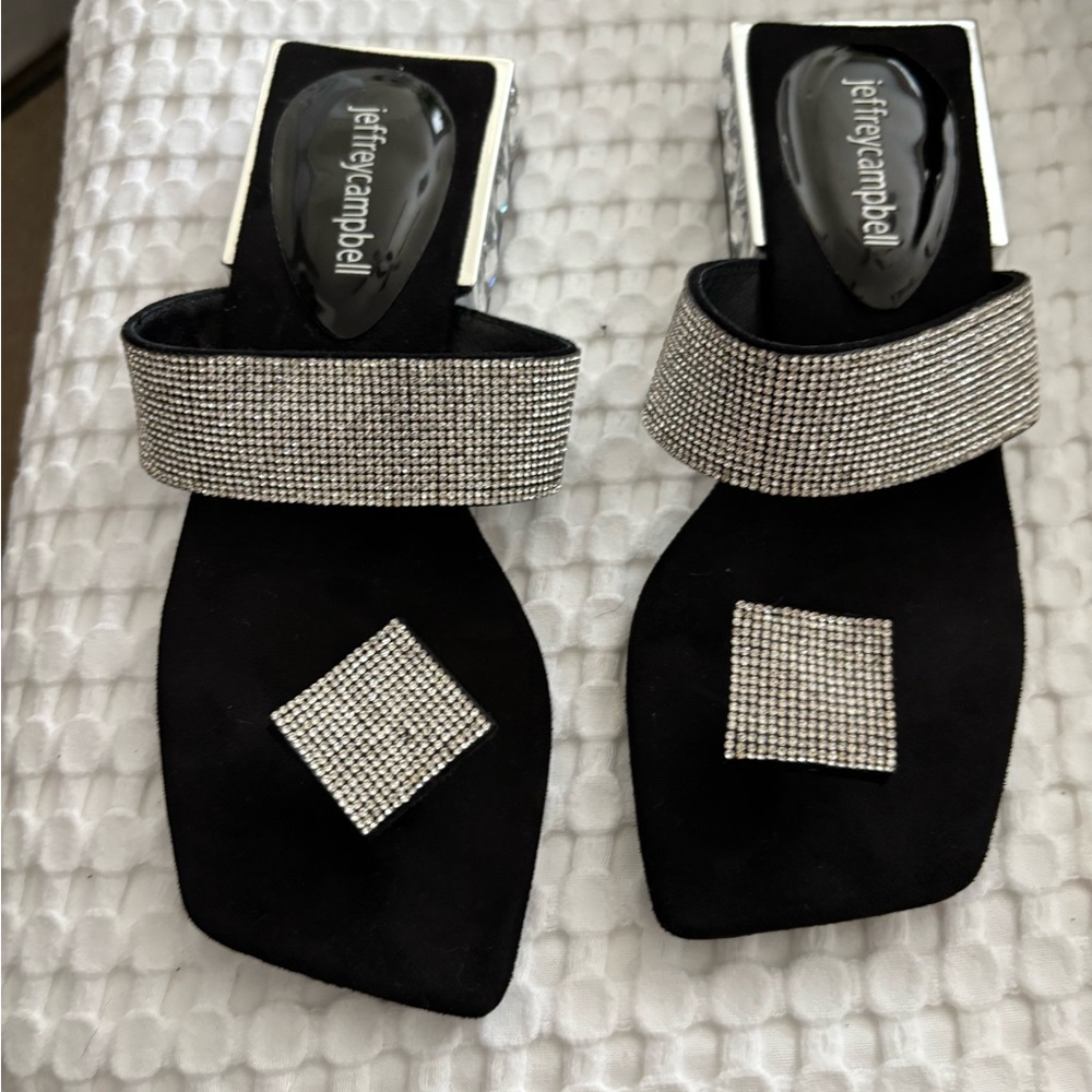 Jeffrey Campbell Black and Silver Sandals with Rhinestone Embellishments